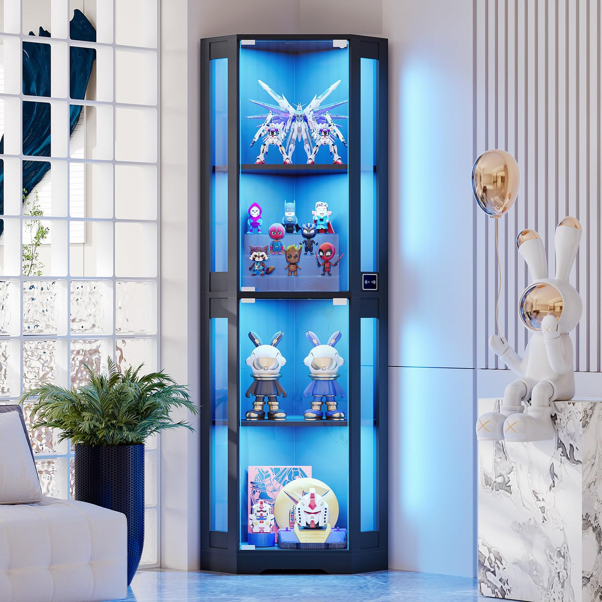 BROTTAR 65" Corner Glass Display Cabinet with LED Lights, 4-Tier Showcase Display Case with Glass Doors & Human Body Sensor for Collectibles, Liquor, Black BROTTAR