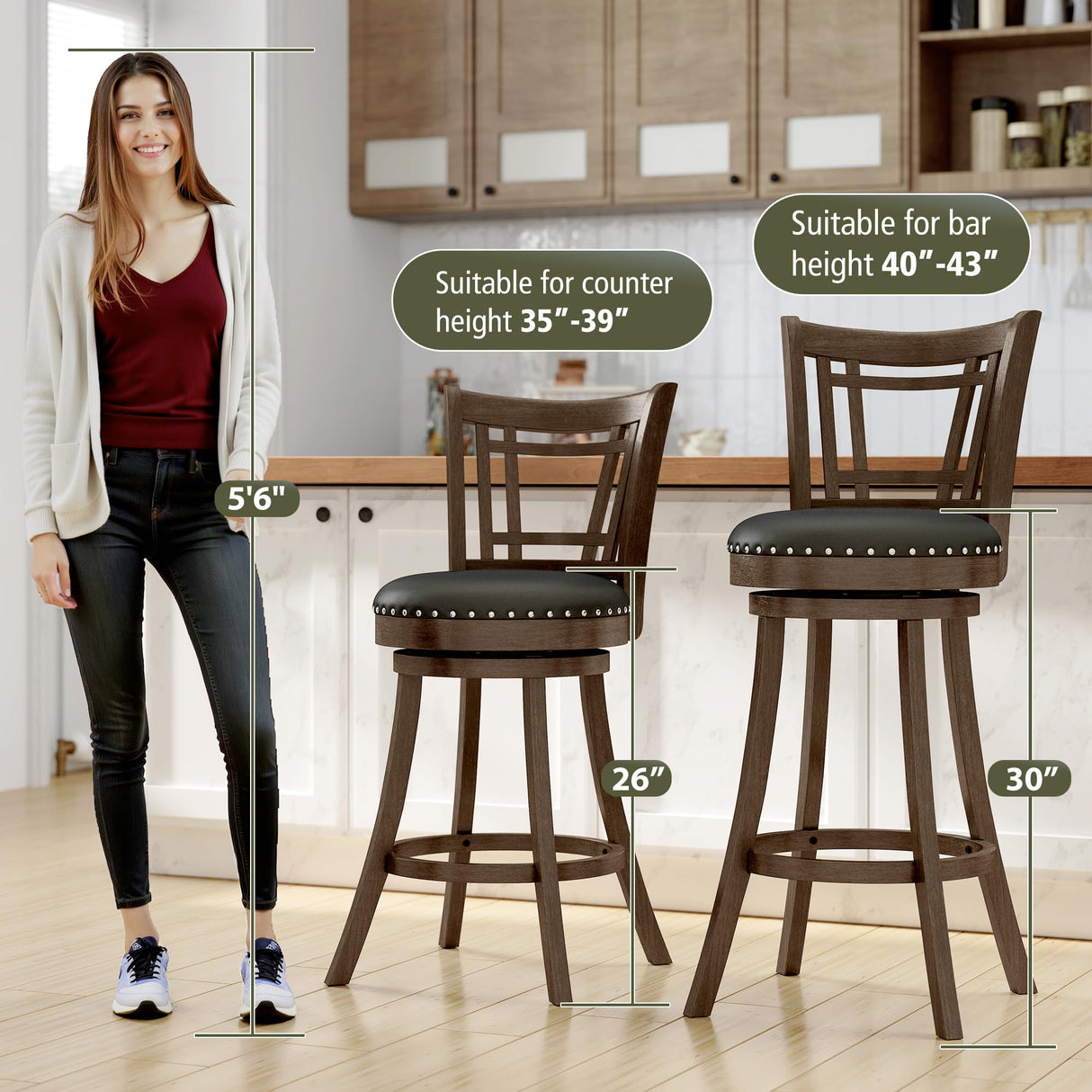 PrimeZone Swivel Bar Stools Set of 4-26" Counter Height Barstools with Backs, Faux Leather Bar Stool with Solid Wood Footrest & Nailhead Trim, Modern Counter Stools for Kitchen Island & Pub, Black PrimeZone