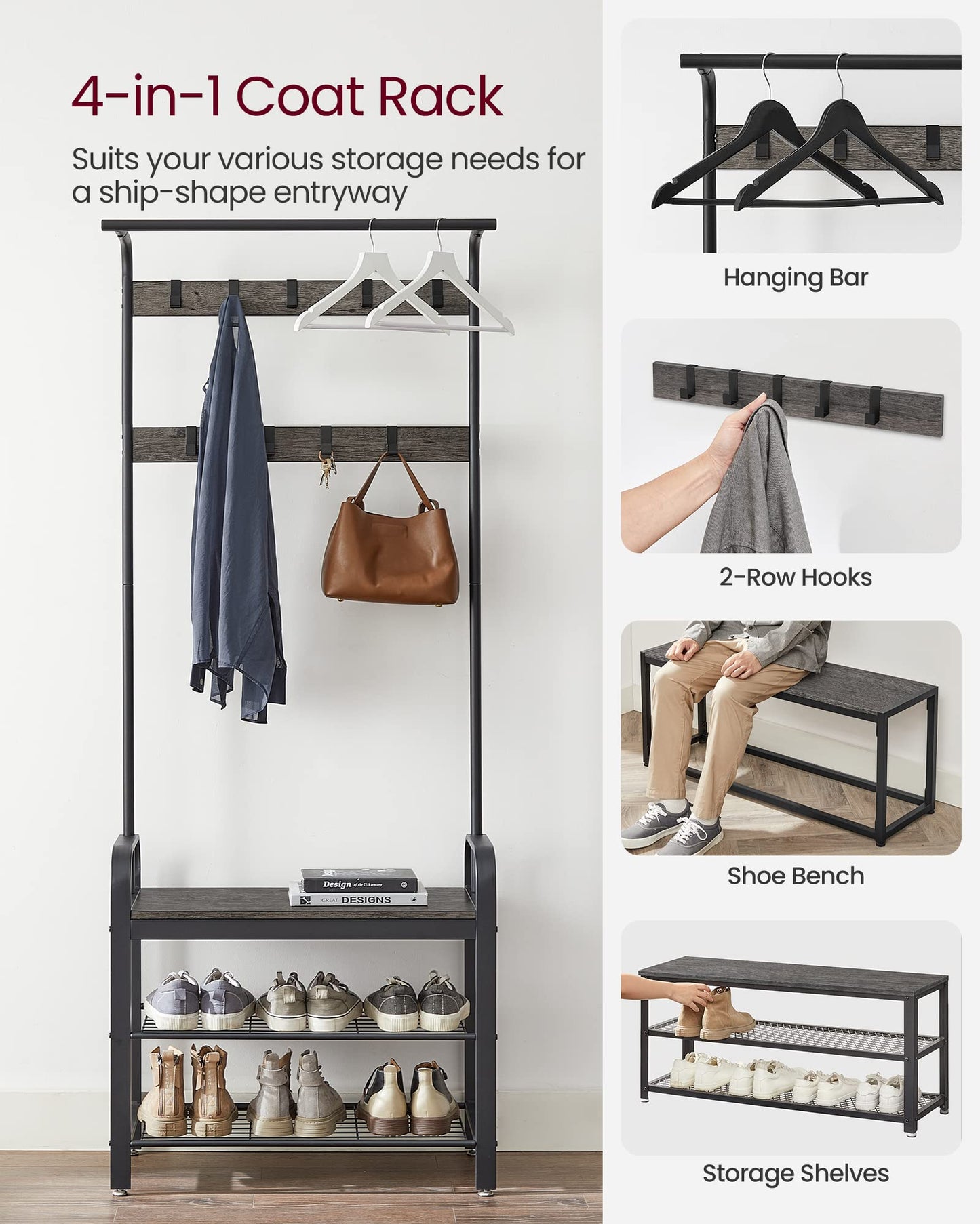 VASAGLE Coat Rack, Hall Tree with Shoe Bench for Entryway, Entryway Bench with Coat Rack, 4-in-1, with 9 Removable Hooks, a Hanging Rod, 13.3 x 28.3 x 72.1 Inches, Charcoal Gray and Black UHSR040B04