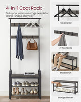 VASAGLE Coat Rack, Hall Tree with Shoe Bench for Entryway, Entryway Bench with Coat Rack, 4-in-1, with 9 Removable Hooks, a Hanging Rod, 13.3 x 28.3 x 72.1 Inches, Charcoal Gray and Black UHSR040B04 VASAGLE
