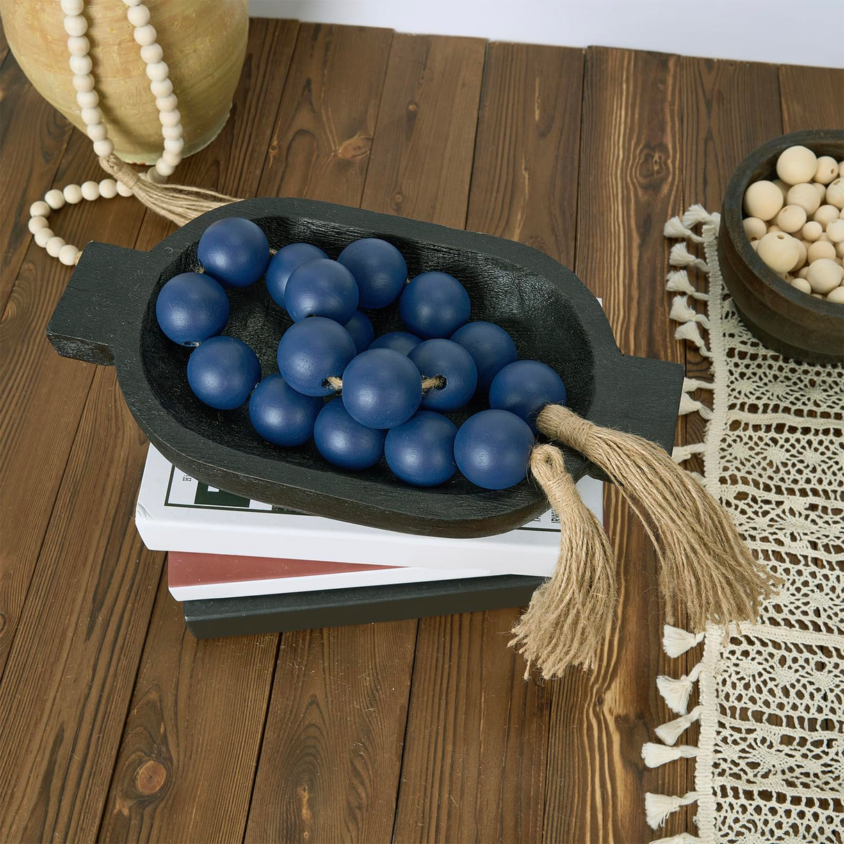 OMISHE Large Wood Bead Garland Navy Blue with 1.6" Diameter Wooden Beads and Tassels, Decorative Beads Decorations, 41" Long Rustic Farmhouse Country Wood Beads Garland for Home Wooden Decor Navy Blue OMISHE