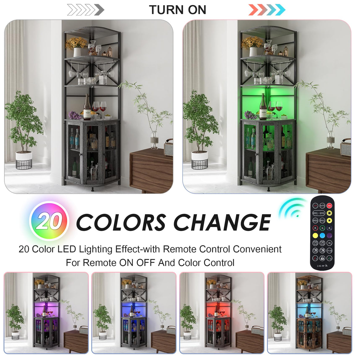 Aufvolr Wine Bar Cabinet with Power Outlet, 6-Tiers Industrial Wine Cabinet with LED Light and Glass Holder, Corner Bar Cabinet with Adjustable Shelf and Mesh Door, Liquor Cabinet Bar for Home Aufvolr