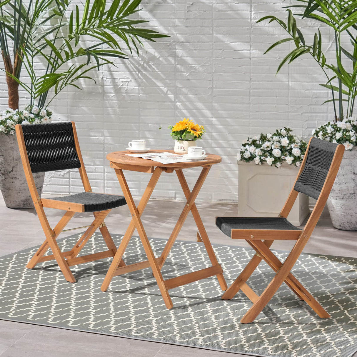 OC Orange-Casual 3 Piece Acacia Patio Bistro Set, Outdoor Compact Wood Table and Chairs Set of 2 for Apartment Balcony Front Porch Deck Yard, Black OC Orange-Casual