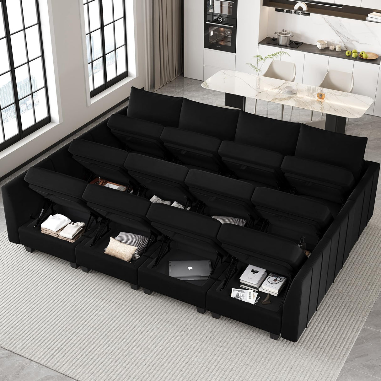 Belffin Oversized Modular Sectional Couch Sleeper Sofa with Storage Velvet Sectional Sofa Bed for Living Room, 12 Seats, Black Belffin