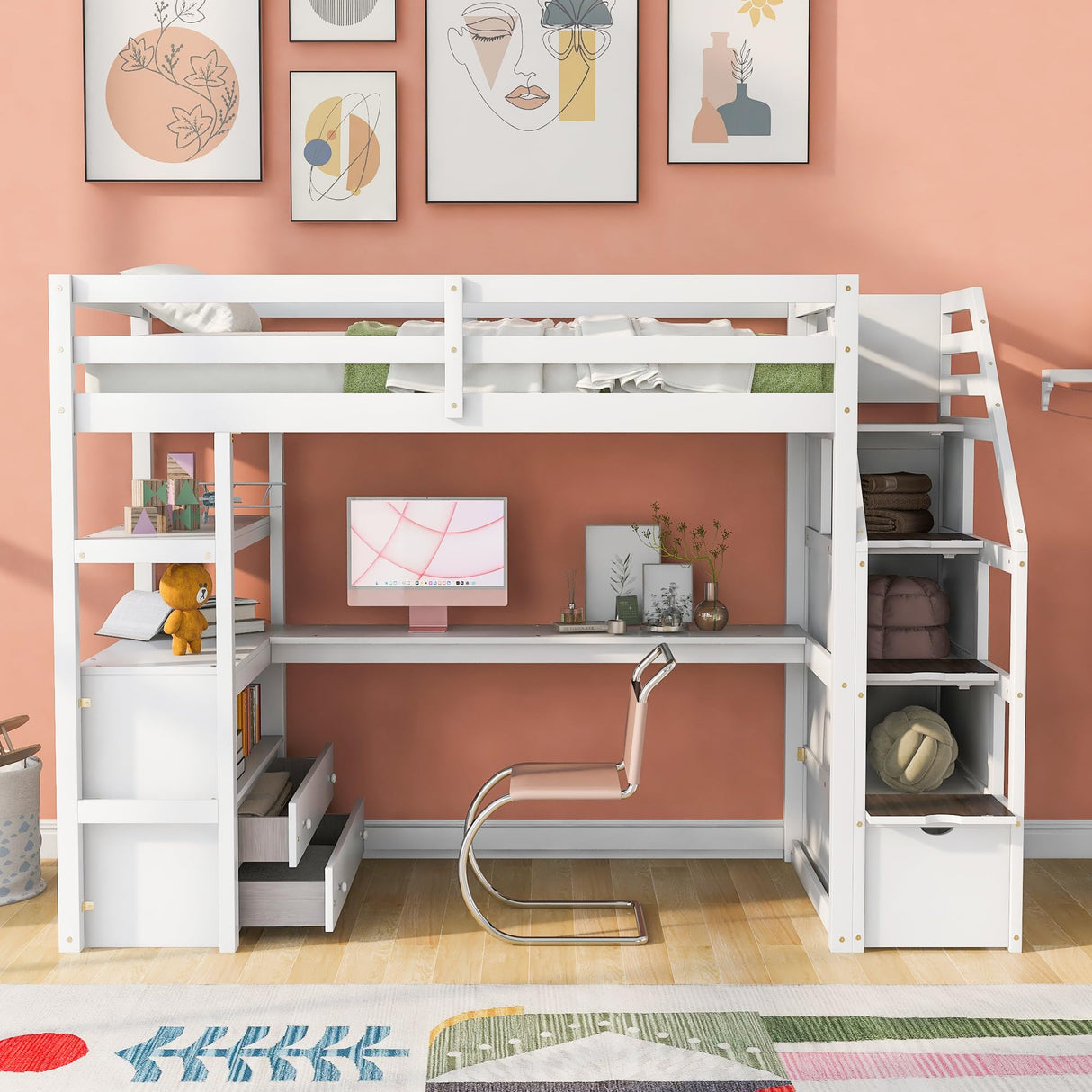 SOFTSEA Multi-Functional Full Loft Bed with Desk, Stairs, and Storage in White SOFTSEA