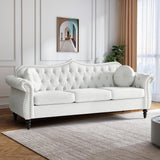 AVZEAR 82" Three Seater Sofa, Chesterfield Sofa, Mid-Century Modern Velvet Upholstered Sofa, Deep Button Tufted Living Room Sofa with Two Throw Pillows, White AVZEAR