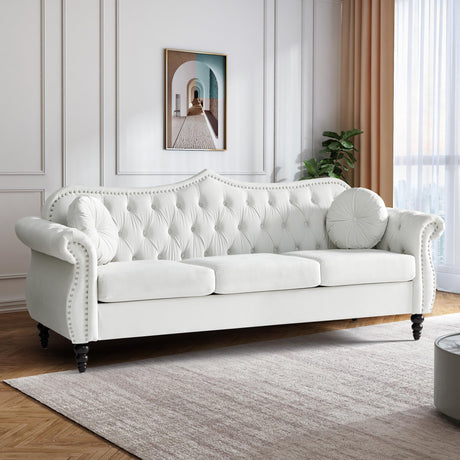 AVZEAR 82" Three Seater Sofa, Chesterfield Sofa, Mid-Century Modern Velvet Upholstered Sofa, Deep Button Tufted Living Room Sofa with Two Throw Pillows, White AVZEAR