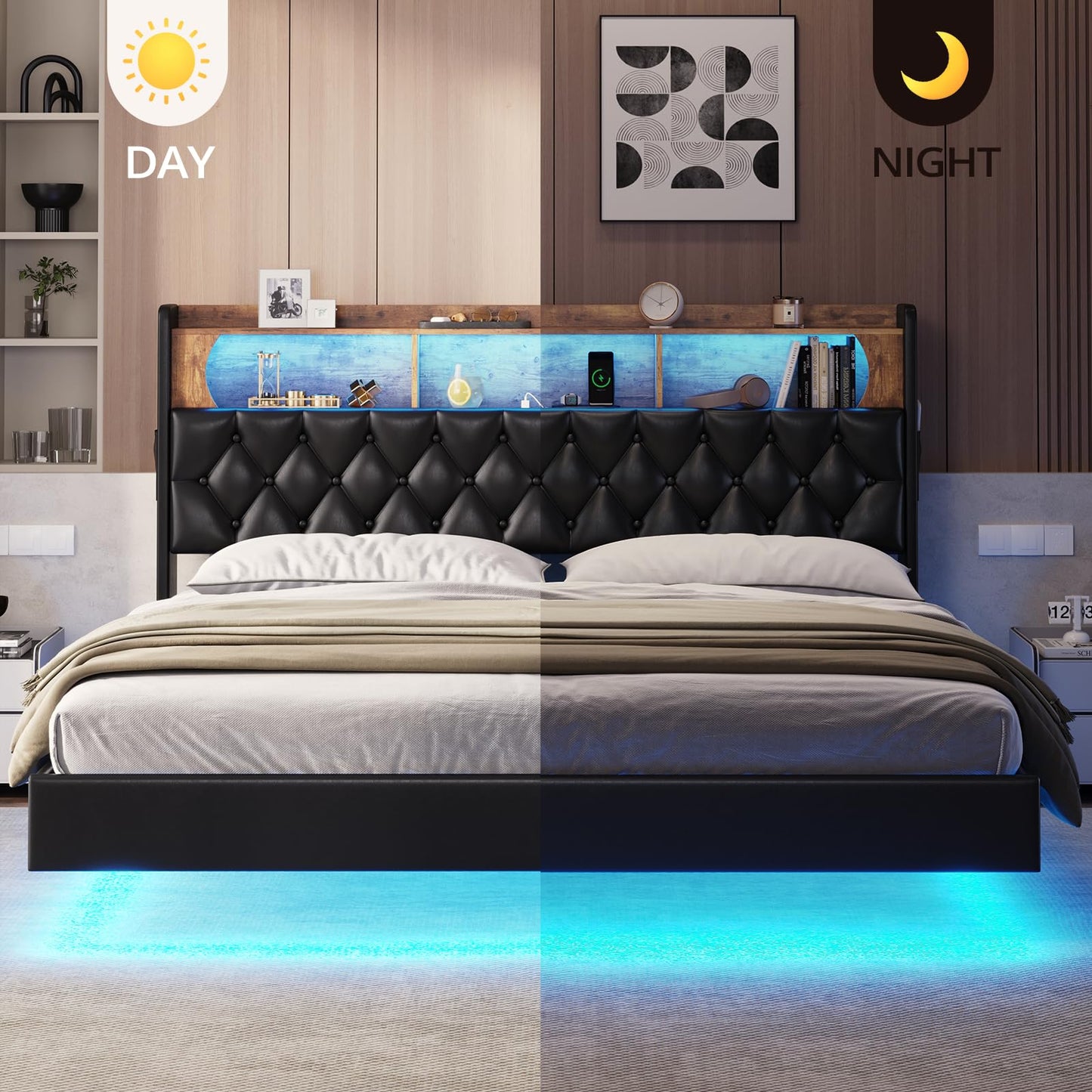 BTHFST King Floating Bed Frame with LED Lights and Storage Headboard - WoodArtSupply