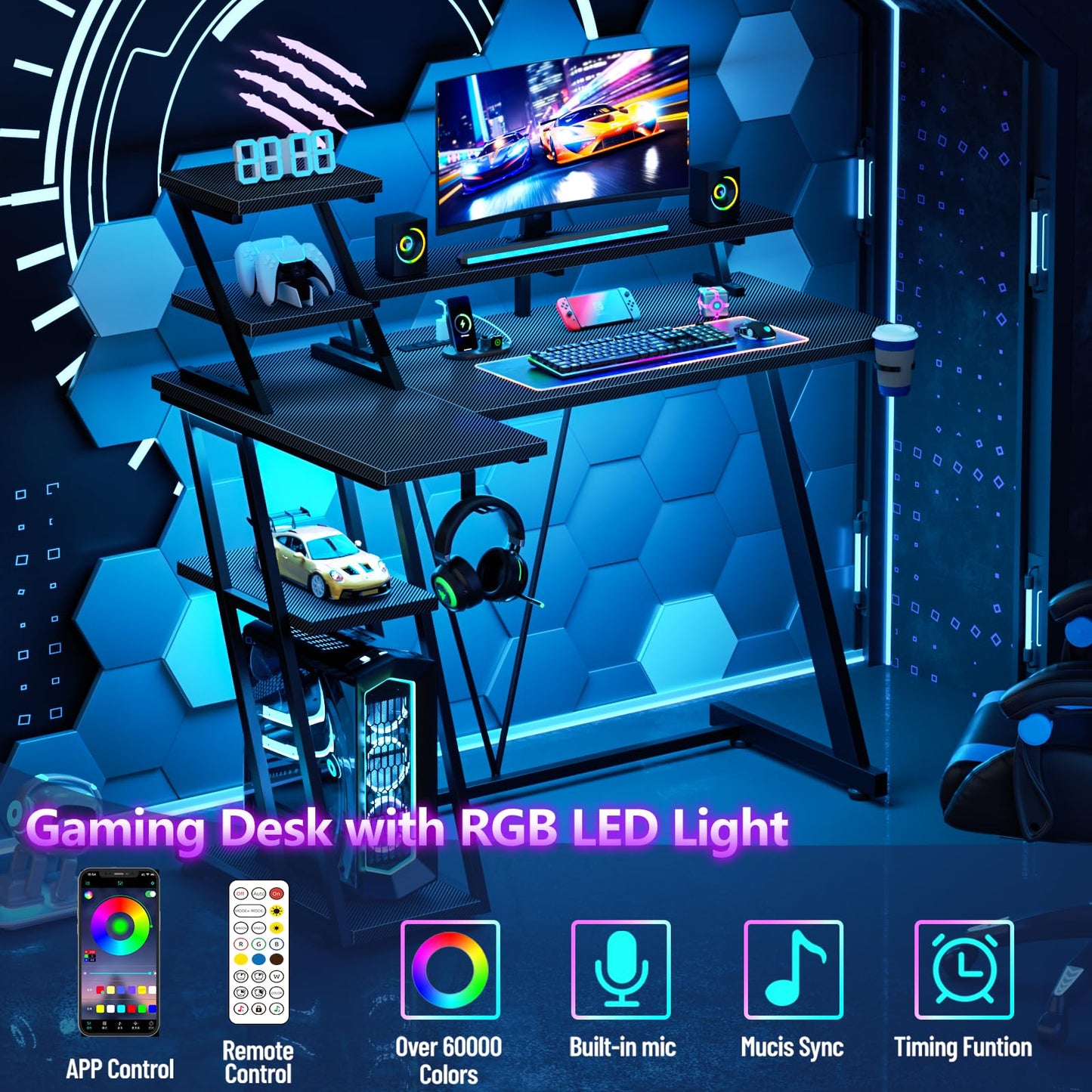 Korfile L Shaped Gaming Desk with LED Lights & Power Outlet, 39 Inch Computer Desk with Extra Storage Shelves, Reversible Gamer Workstations with Monitor Stand for Bedroom, Carbon Fiber Black - WoodArtSupply