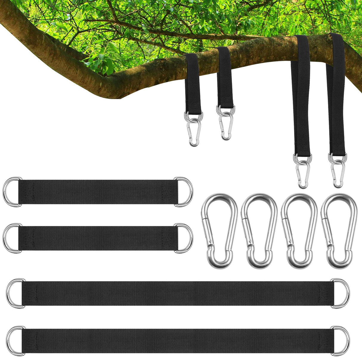 XonyiCos 4 PCS Short Straps Tree Swing Straps Hanging Kit, with Carabiners, Heavy Duty Suspension Kits for Gym Fitness Cable Machine Extension, Hanging Pulleys, Rings,Hammock Tree Straps XonyiCos