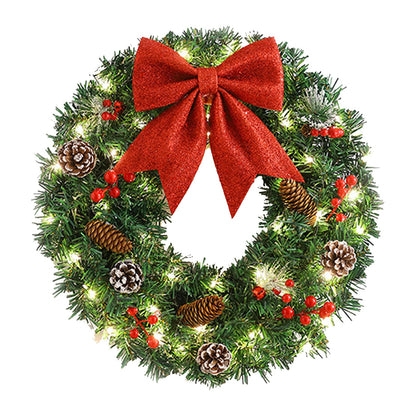 Pre-Lit Artificial Christmas Wreath,18inch/45cm Artificial Christmas Garland for Front Door with Red Bowknot, Pine Cones, Red Berries, 40 LED Lights for Indoor and Outdoor Christmas Decorations