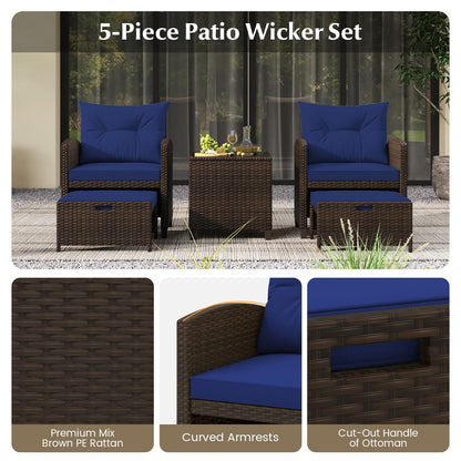 ORALNER 5 Pieces Patio Furniture Set with Ottoman, Wicker Conversation Set w/Cushions, Glass Coffee Table, Outdoor Rattan Lounger Chairs Bistro Set for Porch Balcony Garden Deck Poolside (Nav - WoodArtSupply