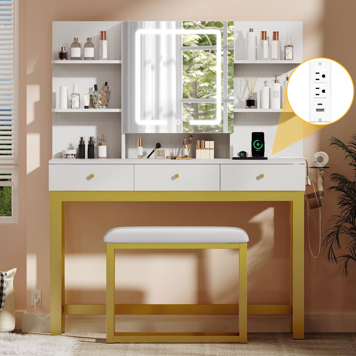 YITAHOME Vanity Desk with LED Lights Mirror & Power Outlets, Makeup Table Set with 3 Adjustable Lighting Modes, Open Shelves and Hidden Storage, Stool, Hooks and Hair Dryer Holder for Bedroom, White YITAHOME