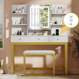 YITAHOME Vanity Desk with LED Lights Mirror & Power Outlets, Makeup Table Set with 3 Adjustable Lighting Modes, Open Shelves and Hidden Storage, Stool, Hooks and Hair Dryer Holder for Bedroom, White YITAHOME