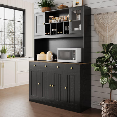71" Tall 4-Door Kitchen Pantry Cabinet with Built-in Power Outlet- Freestanding Storage Hutch, Large Microwave Cabinet, Modern Farmhouse Design (Black)