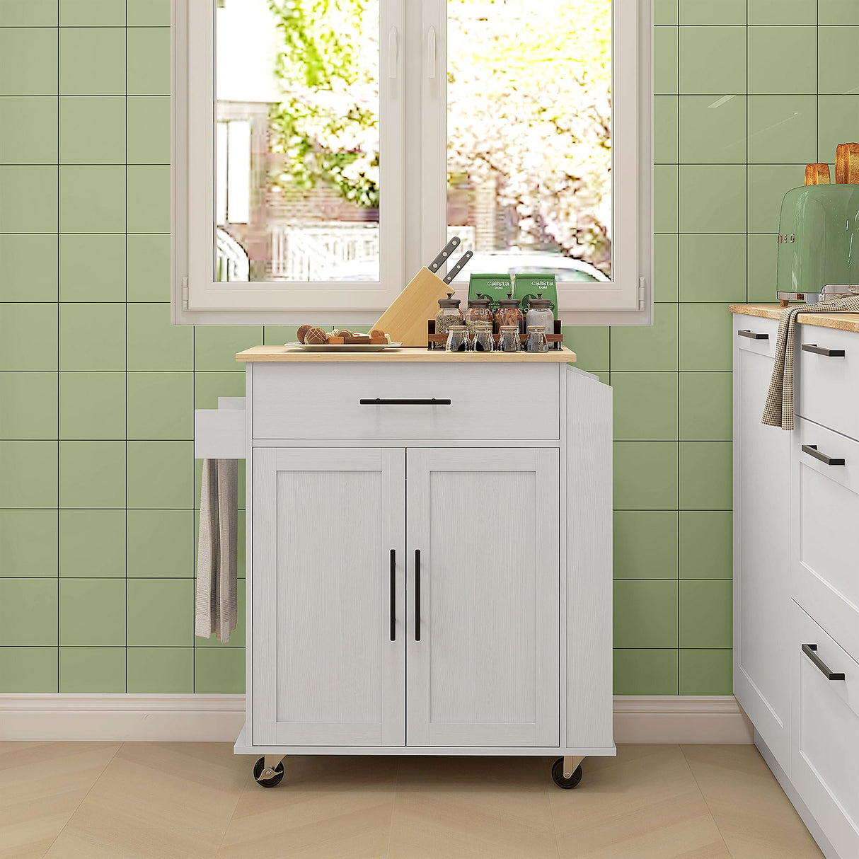 HOMCOM Kitchen Island with Storage, Rolling Kitchen Cart with AC Outlets and USB Ports, Microwave Stand with Towel and Spice Rack, White HOMCOM