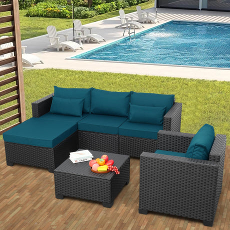 Rattaner 4 PCS Patio Furniture Set Outdoor Sectional Wicker Patio Furniture Patio Couch with Chair and Outdoor Storage Table All-Weather Non-Slip Cushions Waterproof Covers, Peacock Blue Rattaner