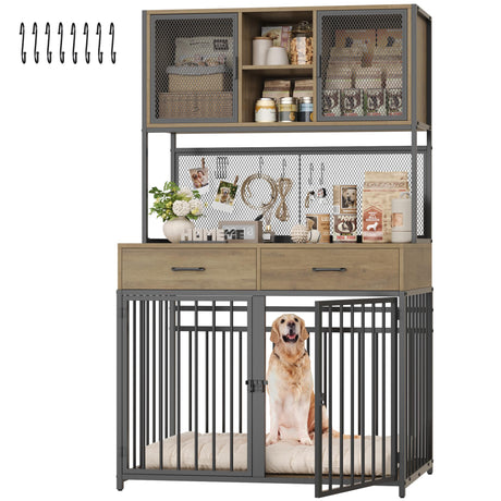 HITHOS 71" Tall Dog Crate Furniture, Indoor Dog Kennel with Hutch, 42" W Dog Cage for Large/Medium Dogs, Wood Dog Crates with 2 Storage Drawers, Heavy Duty Pet House, Rustic Brown HITHOS