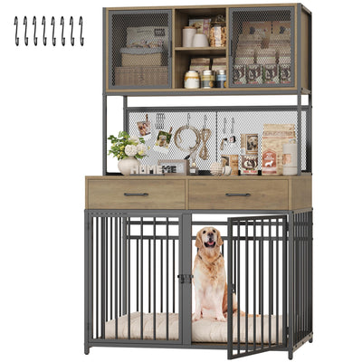 HITHOS 71" Tall Dog Crate Furniture, Indoor Dog Kennel with Hutch, 42" W Dog Cage for Large/Medium Dogs, Wood Dog Crates with 2 Storage Drawers, Heavy Duty Pet House, Rustic Brown