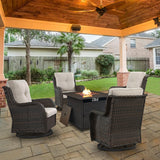 Belord 5 Pieces Patio Wicker Furniture Set - 4 Outdoor Swivel Rocker Glider Chairs with Propane Fire Pit Table, Warm Patio Conversation Set Beige Cushion Perfect for Casual Gathering Belord