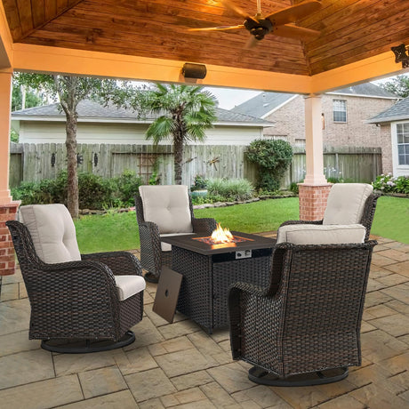 Belord 5 Pieces Patio Wicker Furniture Set - 4 Outdoor Swivel Rocker Glider Chairs with Propane Fire Pit Table, Warm Patio Conversation Set Beige Cushion Perfect for Casual Gathering Belord