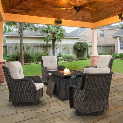Belord 5 Pieces Patio Wicker Furniture Set - 4 Outdoor Swivel Rocker Glider Chairs with Propane Fire Pit Table, Warm Patio Conversation Set Beige Cushion Perfect for Casual Gathering