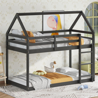 Twin Over Twin House Bunk Bed for Kids,Twin Size Low Bunk Beds with Ladder,Floor Bunk Bed Twin Over Twin,Solid Bunk Bed for Girls Boys,Black