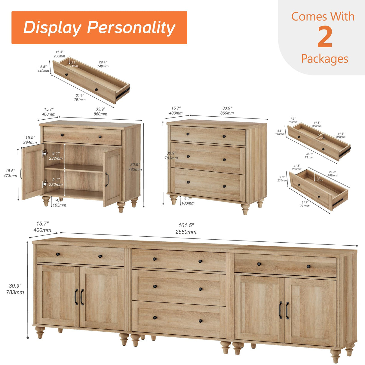 WAMPAT Farmhouse TV Stand for 100 Inch TV, 3-in-1 TV Console Table with 5 Drawers and 4 Doors, Entertainment Center for 75/80/85/90 Inch TV, Kitchen Sideboard Buffet Cabinet for Dining Room, Oak WAMPAT