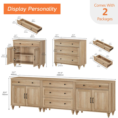 WAMPAT Farmhouse TV Stand for 100 Inch TV, 3-in-1 TV Console Table with 5 Drawers and 4 Doors, Entertainment Center for 75/80/85/90 Inch TV, Kitchen Sideboard Buffet Cabinet for Dining Room, Oak WAMPAT