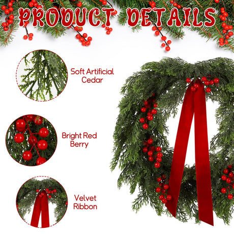 Suncalla 24'' Artificial Cedar Wreath for Front Door Christmas Wreaths Faux Cedar Decorated with Berry and Ribbons Xmas Wreath for Indoor Window Wall Fireplace Holiday Decor Suncalla
