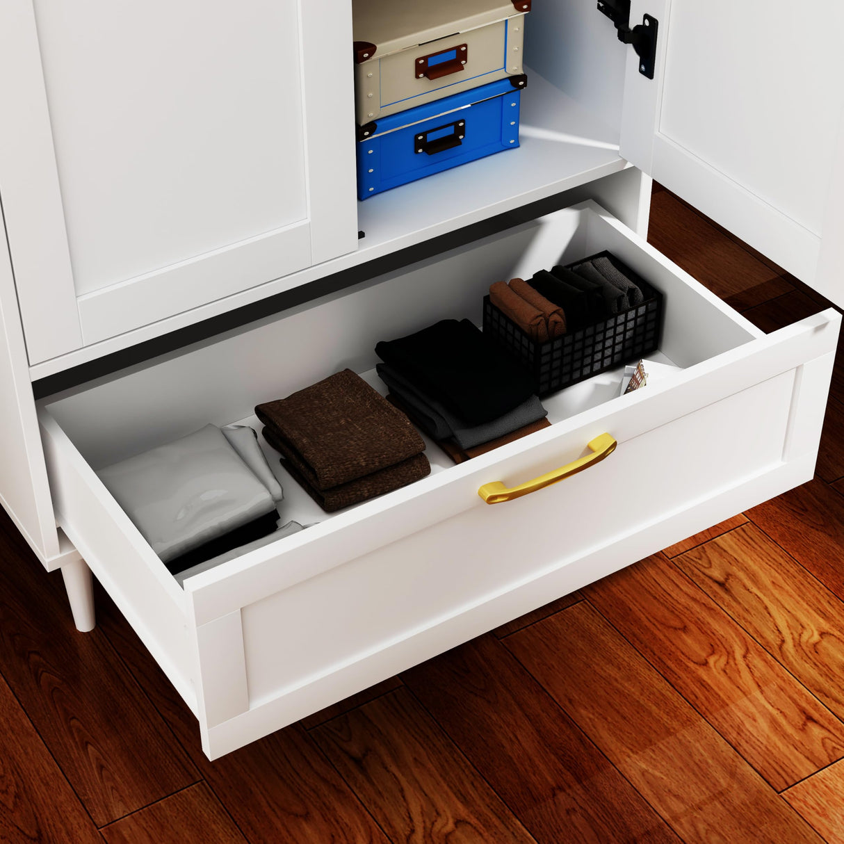 Gyger Wardrobe Closet with Drawer, Armoires and Wardrobes with Shelves and Hanging Rail,Freestanding Wooden Wardrobe Cabinet for Bedroom,White Gyger