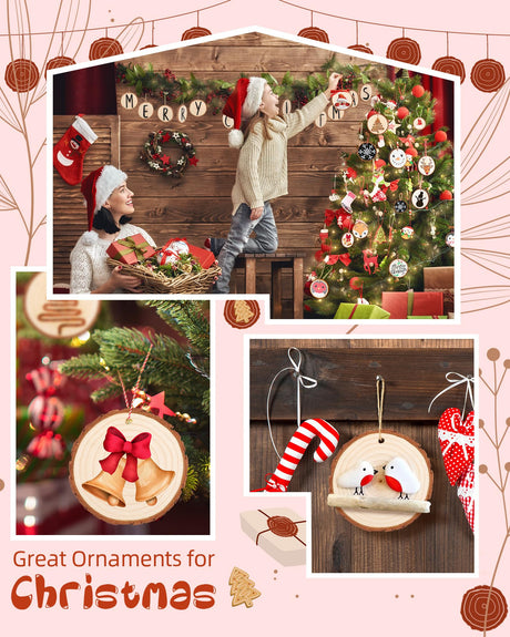 Travlog Unfinished Wood Slices with Hole, Natural Wooden Circles with Bark for DIY Crafts, Home Decor, Christmas Ornaments (30Pcs, 3.5-4 Inch) Travlog