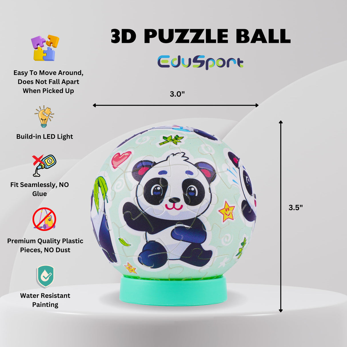 EduSport Panda 3D Puzzle Ball 61 Piece LED Night Light for Kids Ages 6-12, Panda Gifts, for Kids, 3D Puzzles for Kid, Educational Girl and Boy Toys, Birthday Gifts for Girl, Kid Toys EduSport