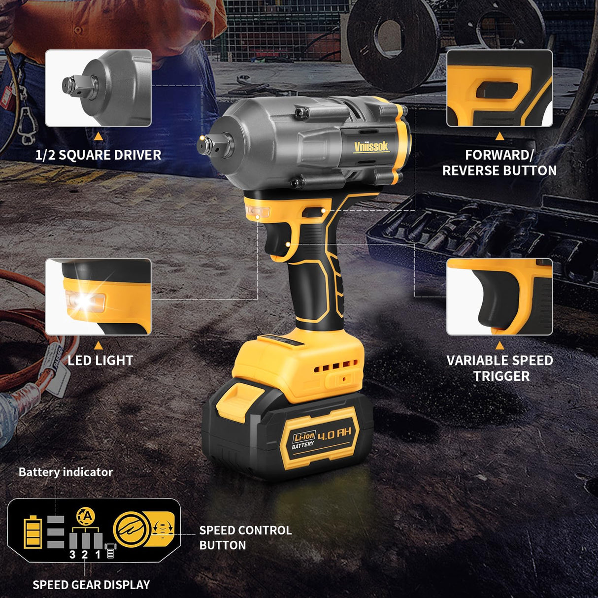 Cordless Impact Wrench 1/2 inch for Dewalt 20V Battery, 900FT-LBS(1200N.m) Impact Driver High Torque Brushless Electric Impact Gun Includes LED Work Light Variable Speeds for Car/Truck RV/Mower Vniissok