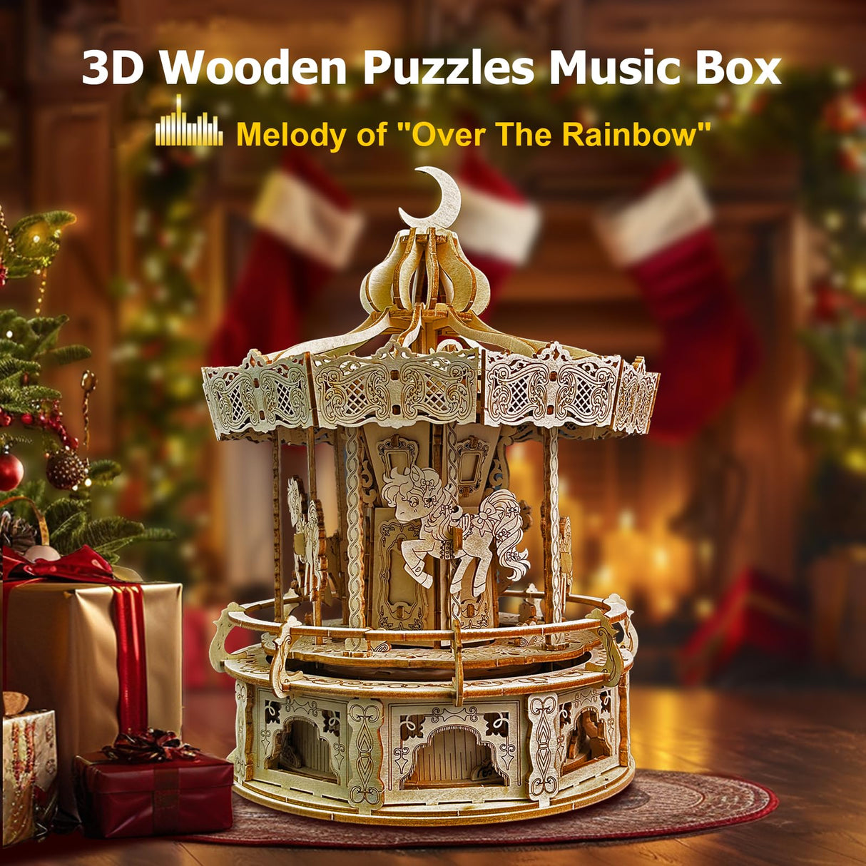Playhiland 3D Wooden Puzzles for Adults - DIY Wooden Music Box, Merry-go-Round Model Kit - 274 Pieces Wooden Jigsaw - Brain Teaser - Birthday Gift for Boys and Girls/Adults Playhiland