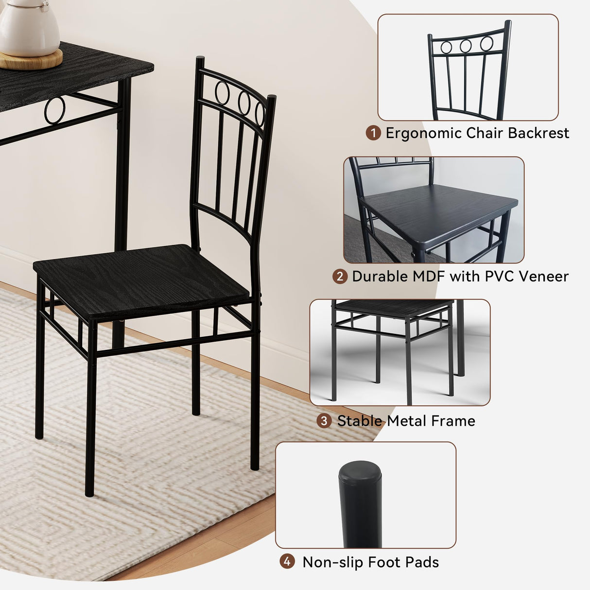 Vipbear Kitchen Dining Table Set for 4, 5-Piece Kitchen Table Set,Dining Room Table Sets,Rectangular Kitchen Table Set with 4 Chairs for Small Space, Dinette,Apartment,Rustic Black Vipbear