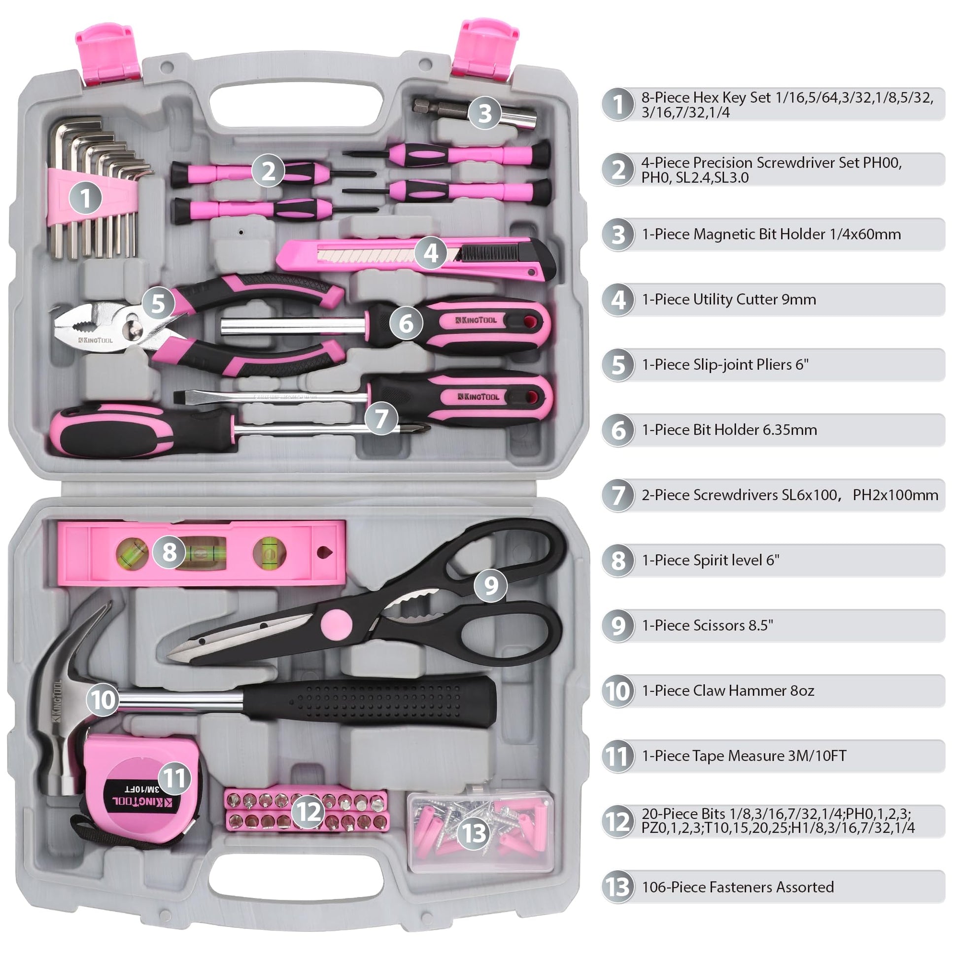 KingTool 149-Piece Pink Tool Kit - Basic Home Repair Tool Set, Small Tool Kit with Plastic Toolbox, Perfect for Women, Office & College Repairs - WoodArtSupply