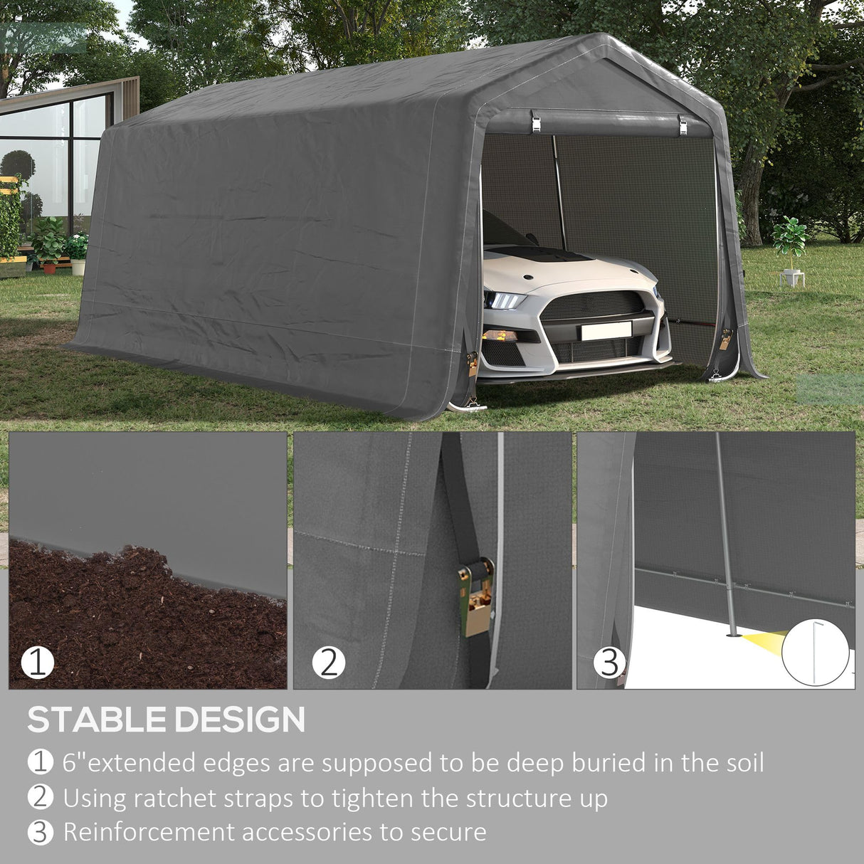 Outsunny 10' x 20' Carport Portable Garage, Heavy Duty Storage Tent, Patio Storage Shelter w/Anti-UV PE Cover and Double Zipper Doors, for Motorcycle Bike Garden Tools, Gray Outsunny