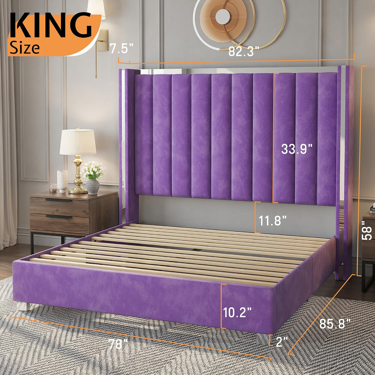 Jocisland King Size Bed Frame with 58" Tall Headboard, Velvet Upholstered Platform Bed with Channel Tufted Wingback Headboard and Plating Trim, No Box Spring Needed, Purple Jocisland