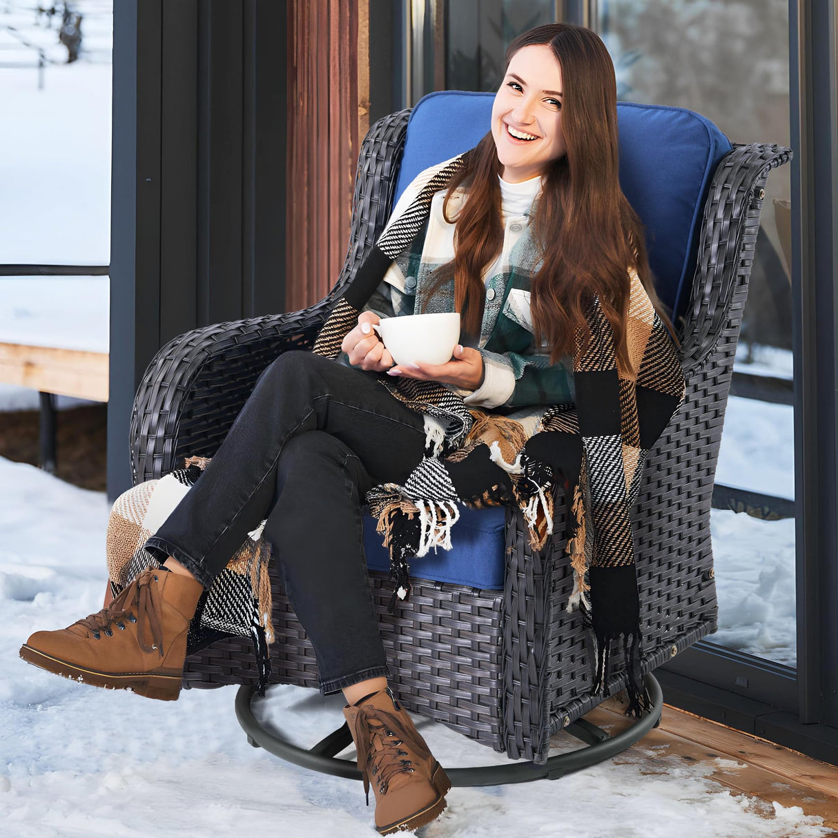 ovios Outdoor Furniture Set 10 Pieces Patio Conversation Set Rocking Swivel Chairs All Weather Rattan Wicker Sofa Couch for Backyard Porch Deck, Brown Wicker, Navy Blue ovios