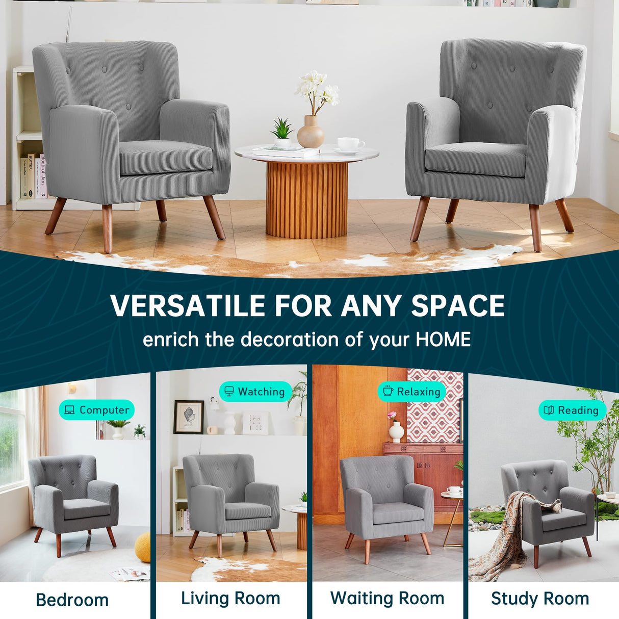 PrimeZone Mid-Century Modern Accent Chair - Comfy Corduroy Living Room Chair, Reading Chair with Button Tufted Design & Wing Back, Cozy Upholstered Armchair for Bedroom, Corner, Grey PrimeZone