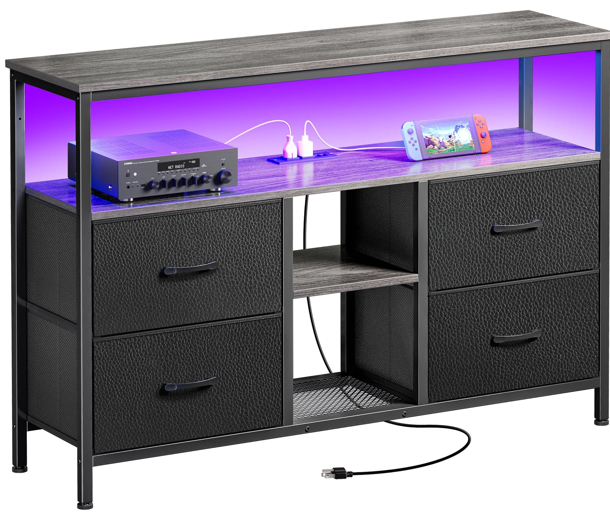 Huuger TV Stand Dresser with Power Outlets and LED Lights, 4 Drawers Entertainment Center with Open Shelf, Media Console for 50 43 Inch TV, Dresser with PU Finish, Grey and Black - WoodArtSupply