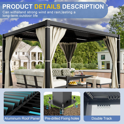 Amopatio 10' X 13' Louvered Pergola, Aluminum Outdoor Pergola with Adjustable Rainproof Roof, Metal Patio Hardtop Gazebo for Backyard, Deck, Garden (Khaki Curtain)