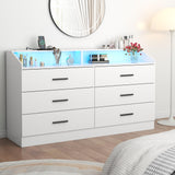 Gyfimoie 6 Drawer Dresser with Power Outlet, Chest of Drawers with LED Light, Modern Dresser with Open Storage Cubby, Double Wide Dresser Organizer for Bedroom, Living Room, Entryway, Hallway Gyfimoie