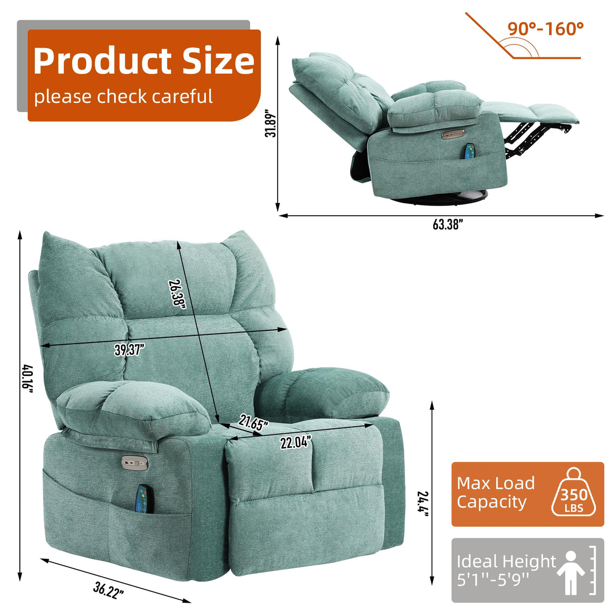 DYHOME Rocking Recliner Chair, Green Swivel Massage Rocker Recliner Chair with Heated, Electric Recliner Chairs for Adults, Modern Lazy Boy Single Lounge Sofa for Living Room,Bedroom, Nursery DYHOME