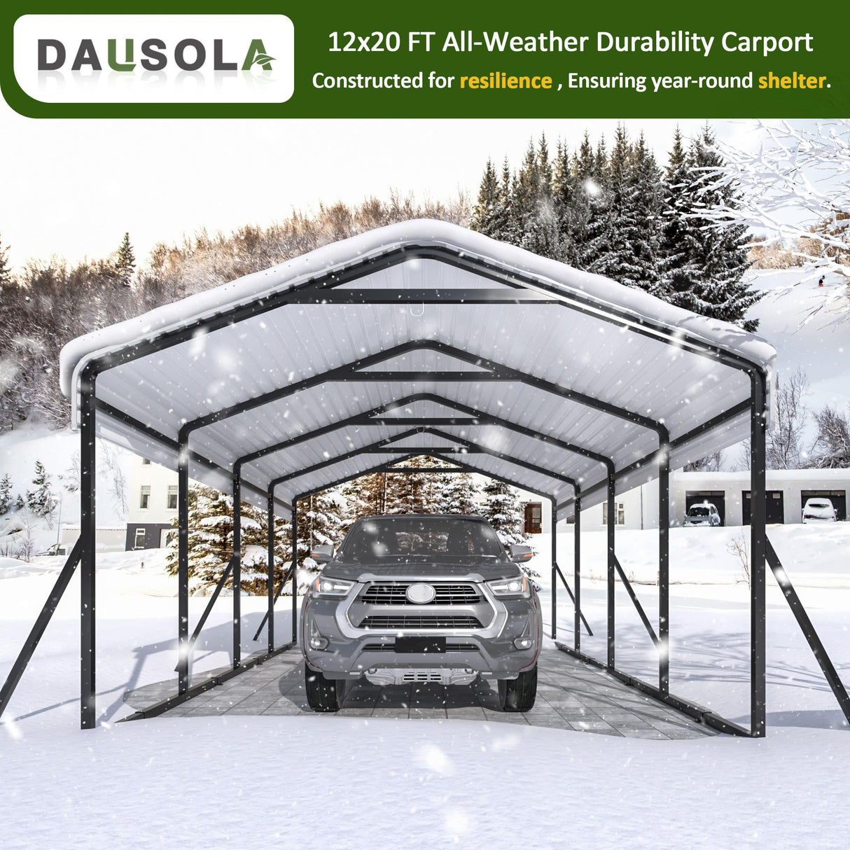 DAUSOLA Carport 12x20 FT Heavy Duty Carports Canopy with Updated Frame Structure Galvanized Steel Roof and Enhanced Base, Metal Carport Garage for Pickup, Boat, Car and Tractors DAUSOLA