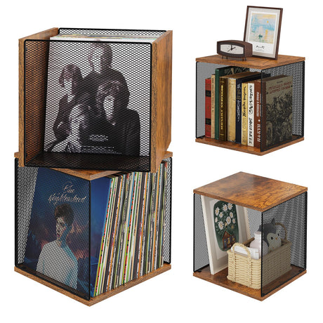 2 Cubes of Record Holder Shelf Vinyl Record Storage Furniture,DIY Stackable 80-110 Records Visualize Album Storage Box Cube Natural Wooden Organizer Crate Records Cabinet Record Vinyl Storage Honkazita