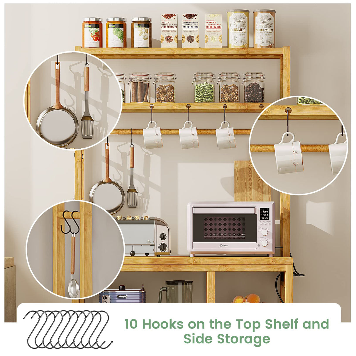 FORABAMB 8-Tier Bamboo Bakers Rack with Power Outlets and S-Shaped Hooks FORABAMB