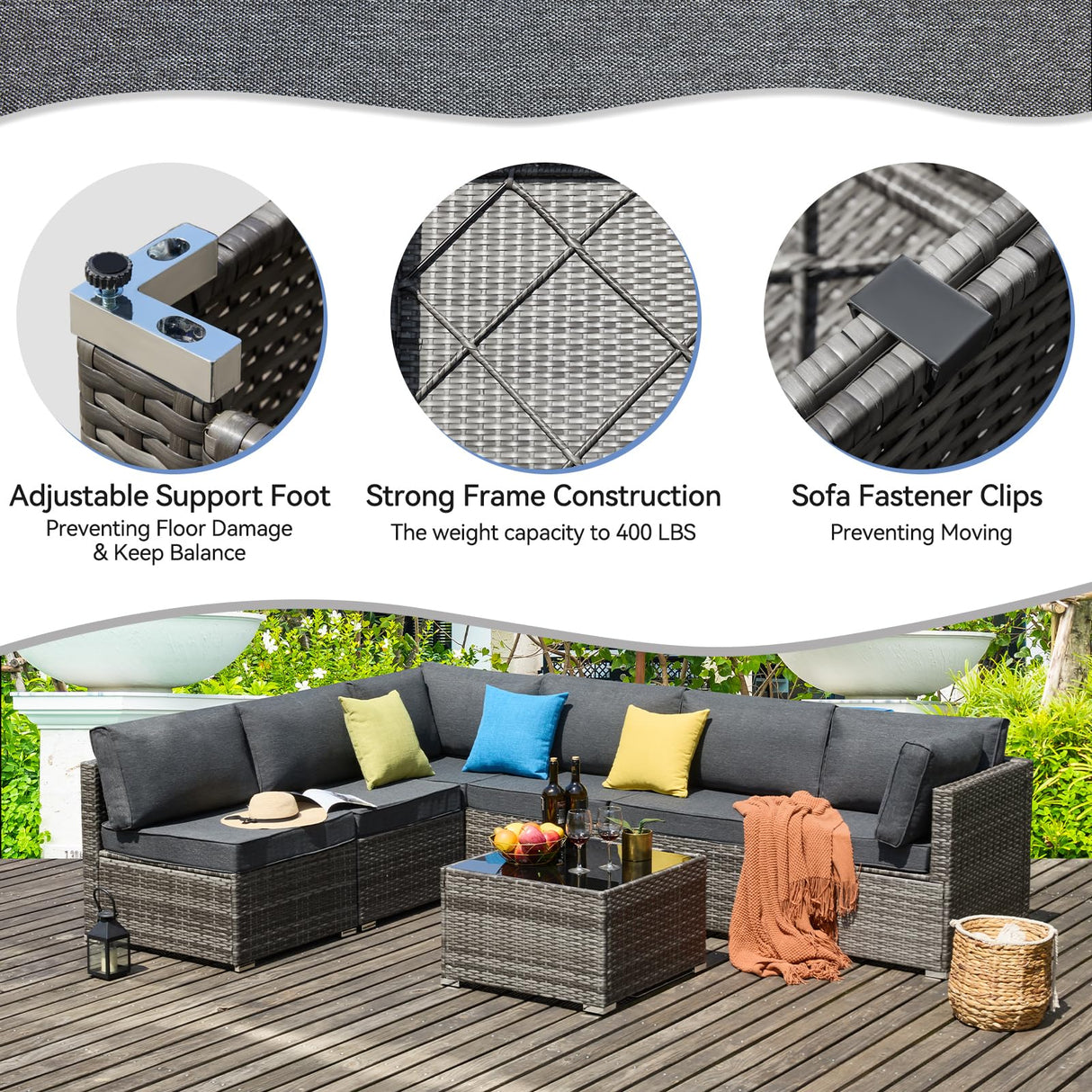 Yalissey 7 Pieces Outdoor Sectional Furniture, Patio Furniture Sets w/Cushions and Coffee Table, All Weather Wicker Outdoor Patio Conversation Sets for Garden,Poolside,Backyard,Grey Yalissey