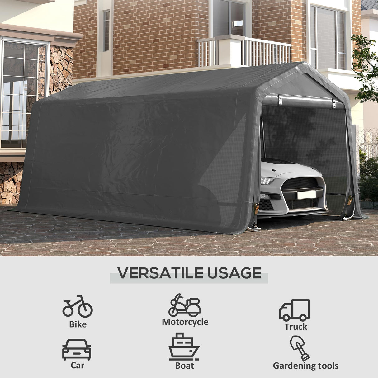 Outsunny 10' x 20' Carport Portable Garage, Heavy Duty Storage Tent, Patio Storage Shelter w/Anti-UV PE Cover and Double Zipper Doors, for Motorcycle Bike Garden Tools, Gray Outsunny